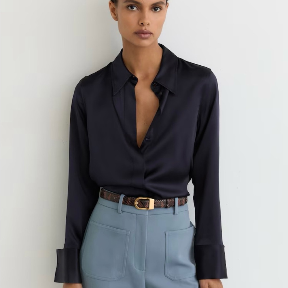 REISS- Silk-Satin Concealed-Placket Shirt in Navy